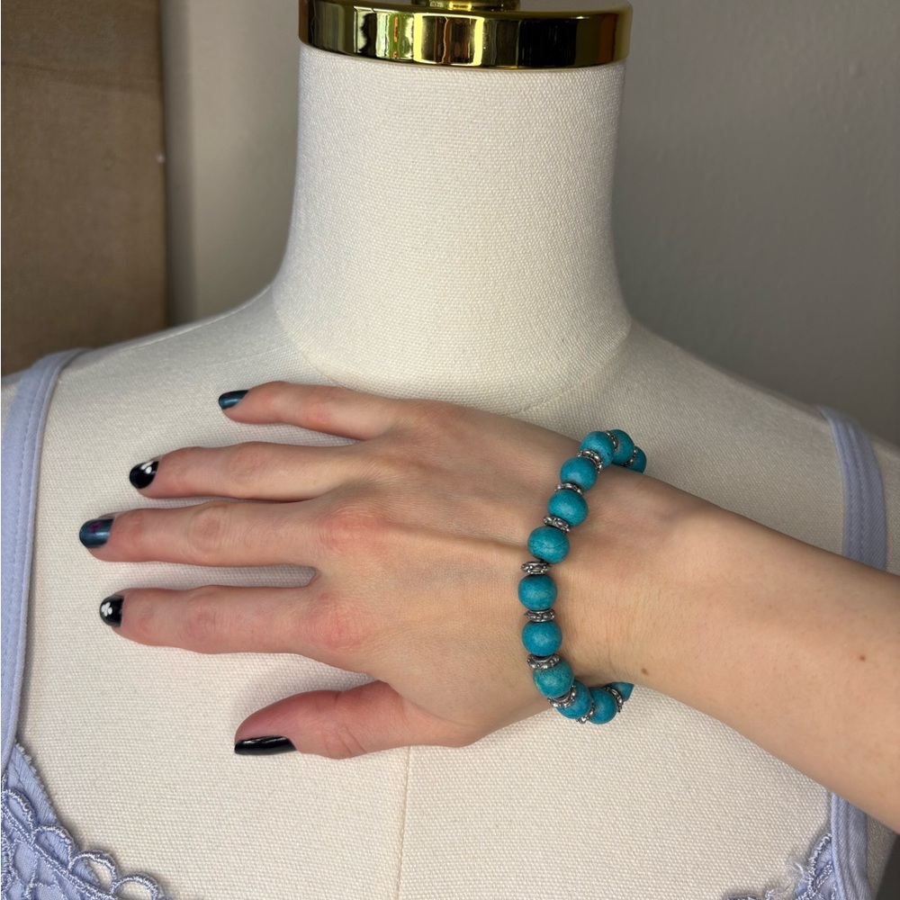 Vintage Silver Tone & Turquoise Clay Bead Bracelet